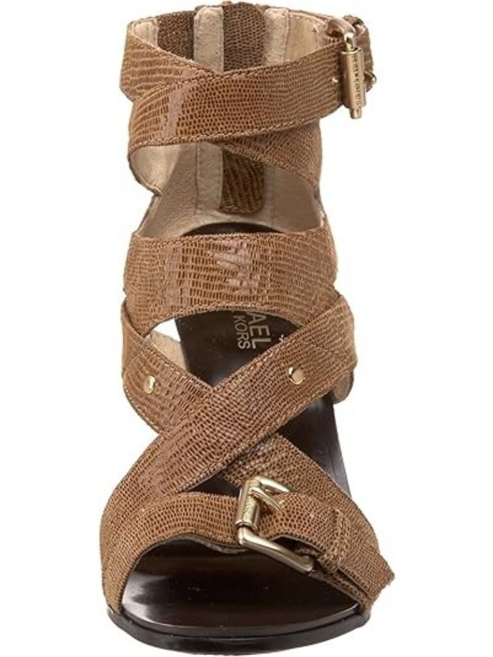 Michael Kors Tatum Cross Strap Reptile Embossed Shimmering Leather Cone Heels - Picture 6 of 8